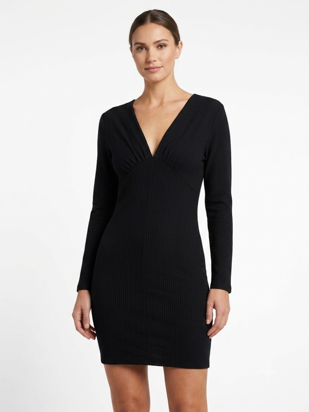 Revamped Ribbed Long Sleeve Black Mini Dress XL